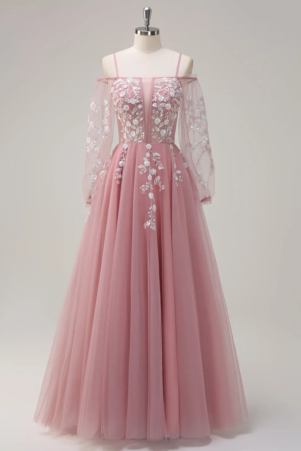 Blush Floral Uma Linha Ombro Frio Vestido de Baile Longo com Mangas Longas