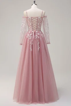 Blush Floral Uma Linha Ombro Frio Vestido de Baile Longo com Mangas Longas