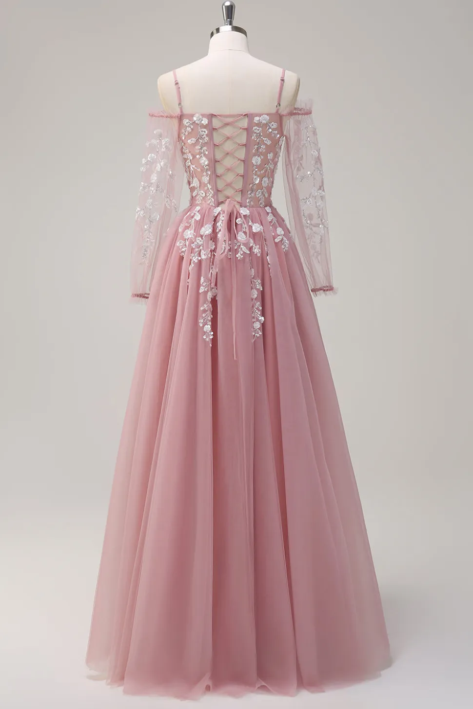 Blush Floral Uma Linha Ombro Frio Vestido de Baile Longo com Mangas Longas