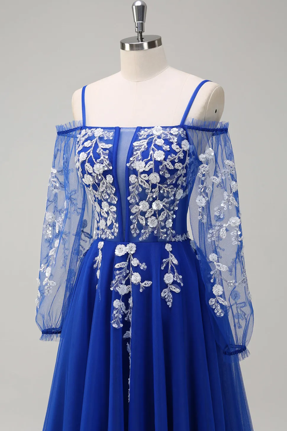 Blush Floral Uma Linha Ombro Frio Vestido de Baile Longo com Mangas Longas