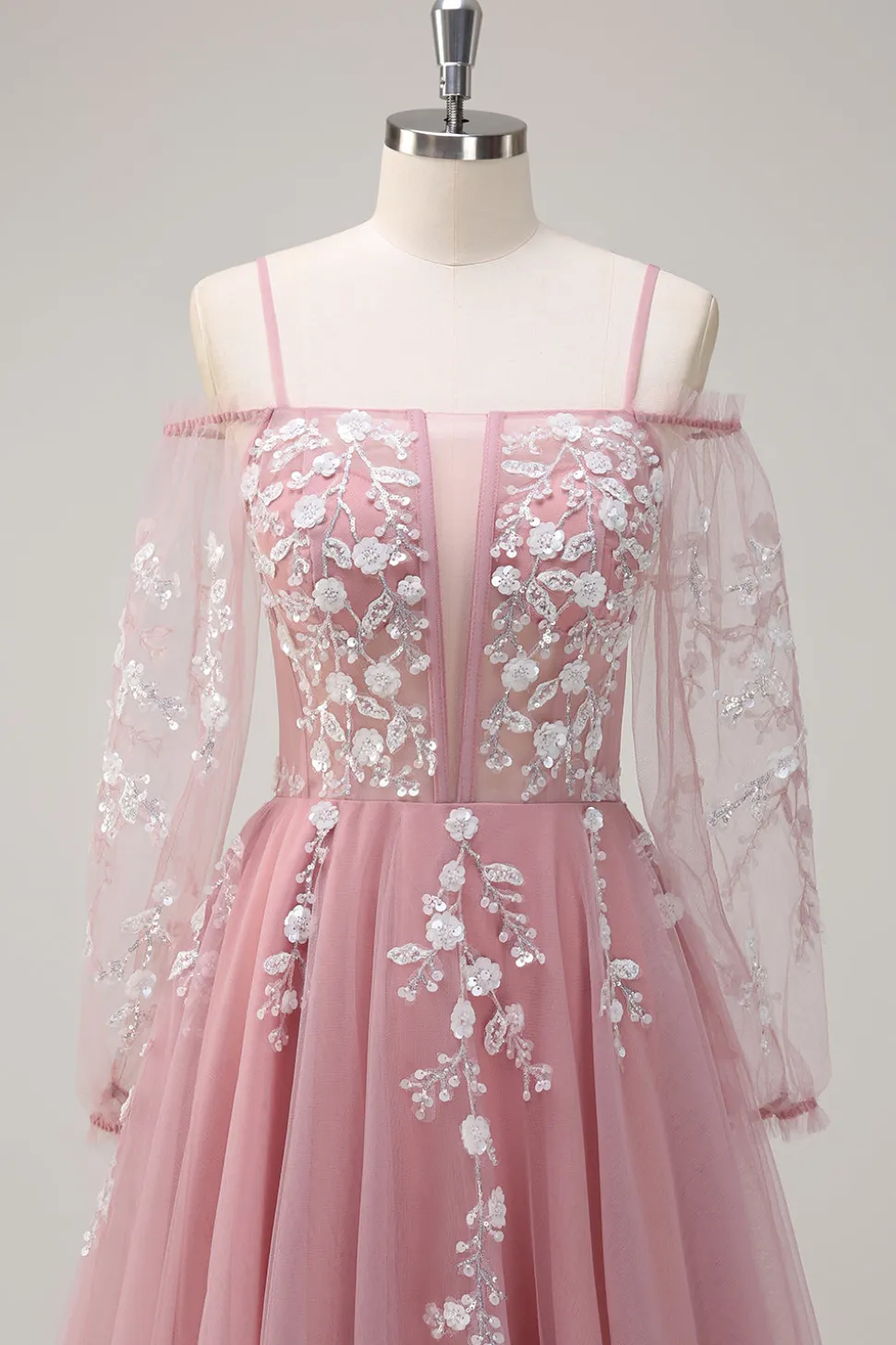 Blush Floral Uma Linha Ombro Frio Vestido de Baile Longo com Mangas Longas