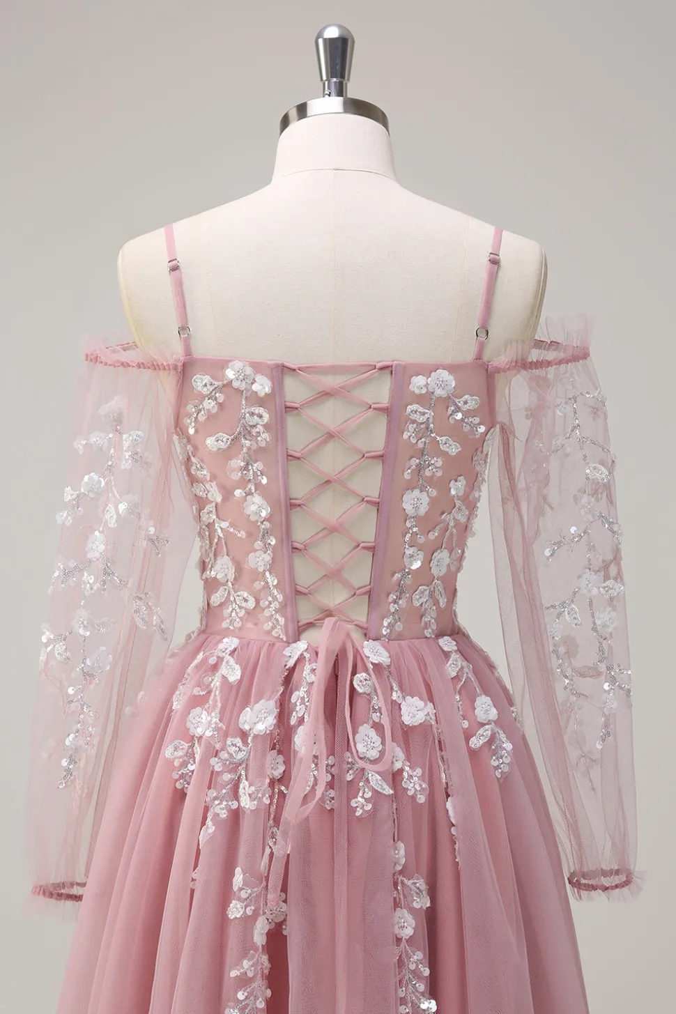 Blush Floral Uma Linha Ombro Frio Vestido de Baile Longo com Mangas Longas