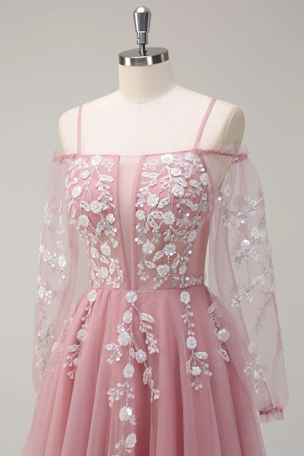 Blush Floral Uma Linha Ombro Frio Vestido de Baile Longo com Mangas Longas
