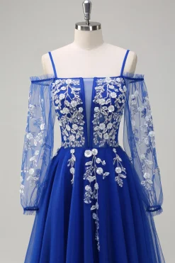 Blush Floral Uma Linha Ombro Frio Vestido de Baile Longo com Mangas Longas