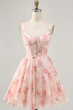 Blush Flores Linha-A Decote Redondo Espartilho Mini Vestido Cocktail