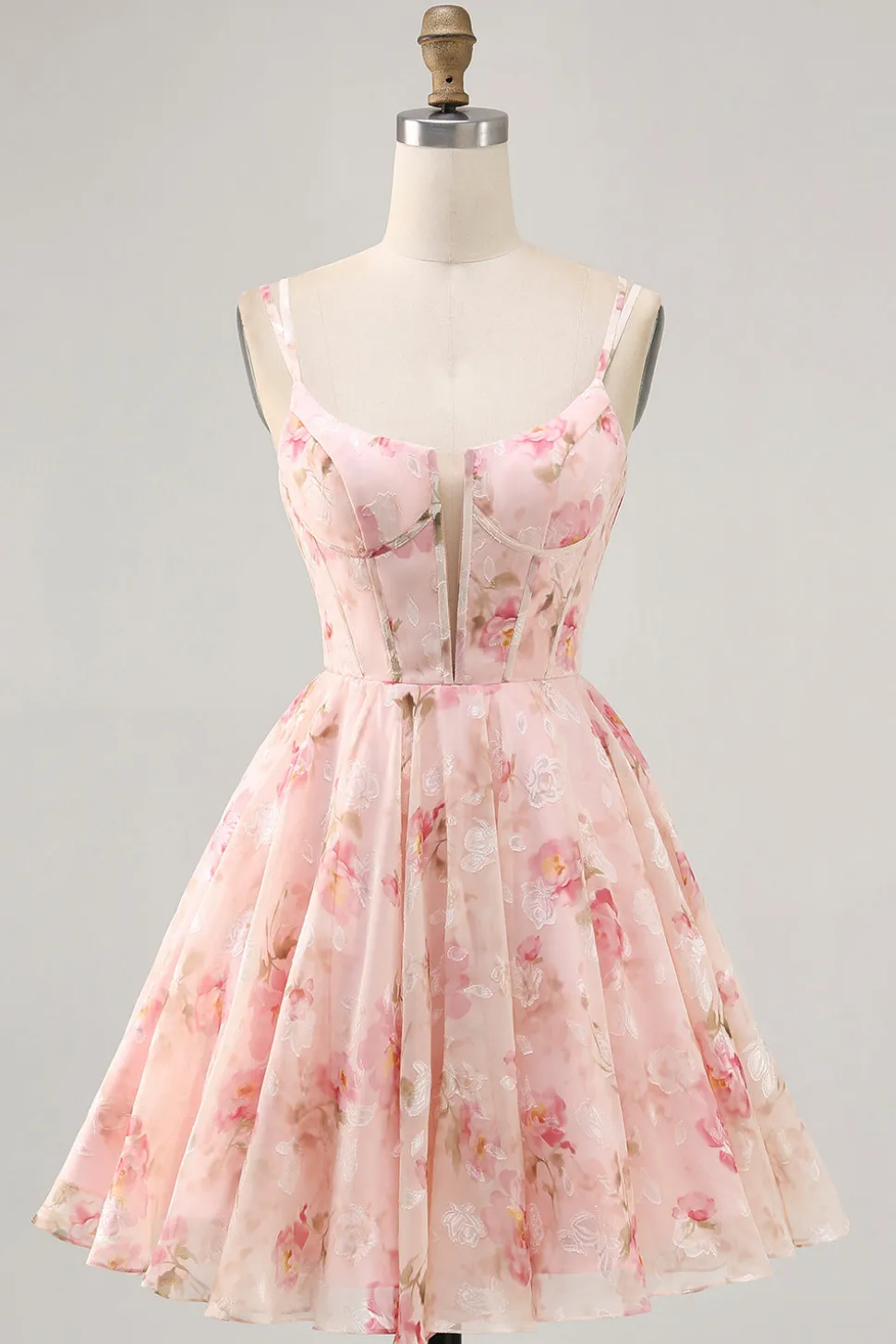 Blush Flores Linha-A Decote Redondo Espartilho Mini Vestido Cocktail