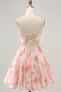 Blush Flores Linha-A Decote Redondo Espartilho Mini Vestido Cocktail