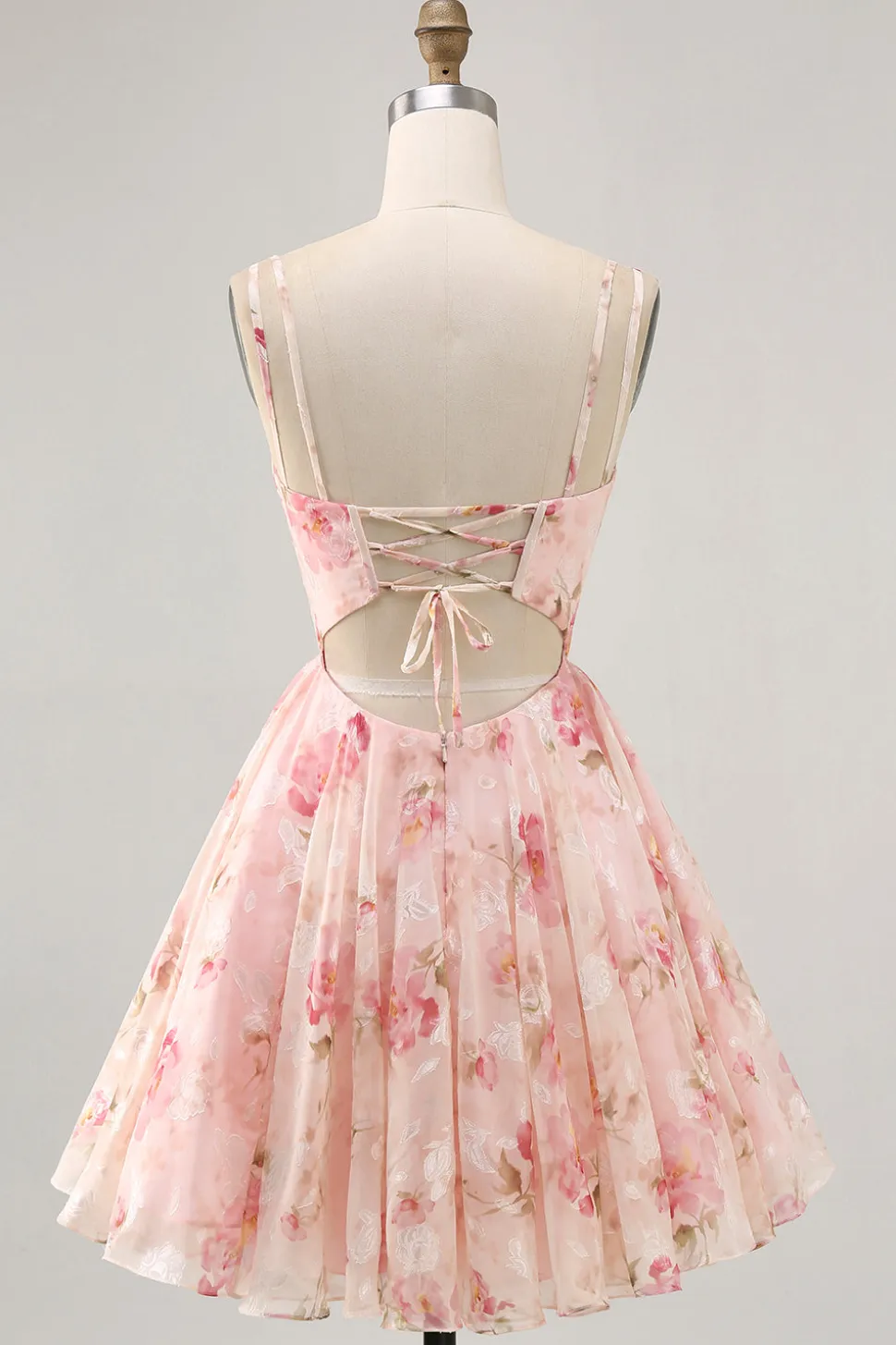 Blush Flores Linha-A Decote Redondo Espartilho Mini Vestido Cocktail