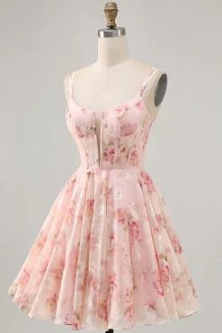 Blush Flores Linha-A Decote Redondo Espartilho Mini Vestido Cocktail