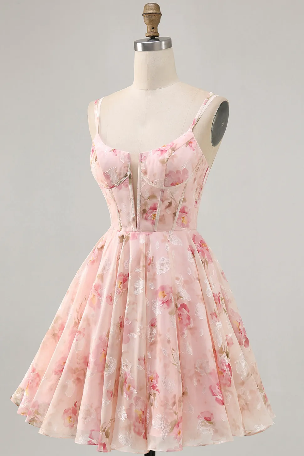 Blush Flores Linha-A Decote Redondo Espartilho Mini Vestido Cocktail