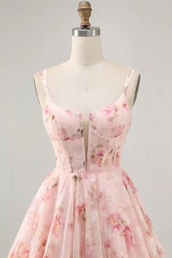 Blush Flores Linha-A Decote Redondo Espartilho Mini Vestido Cocktail