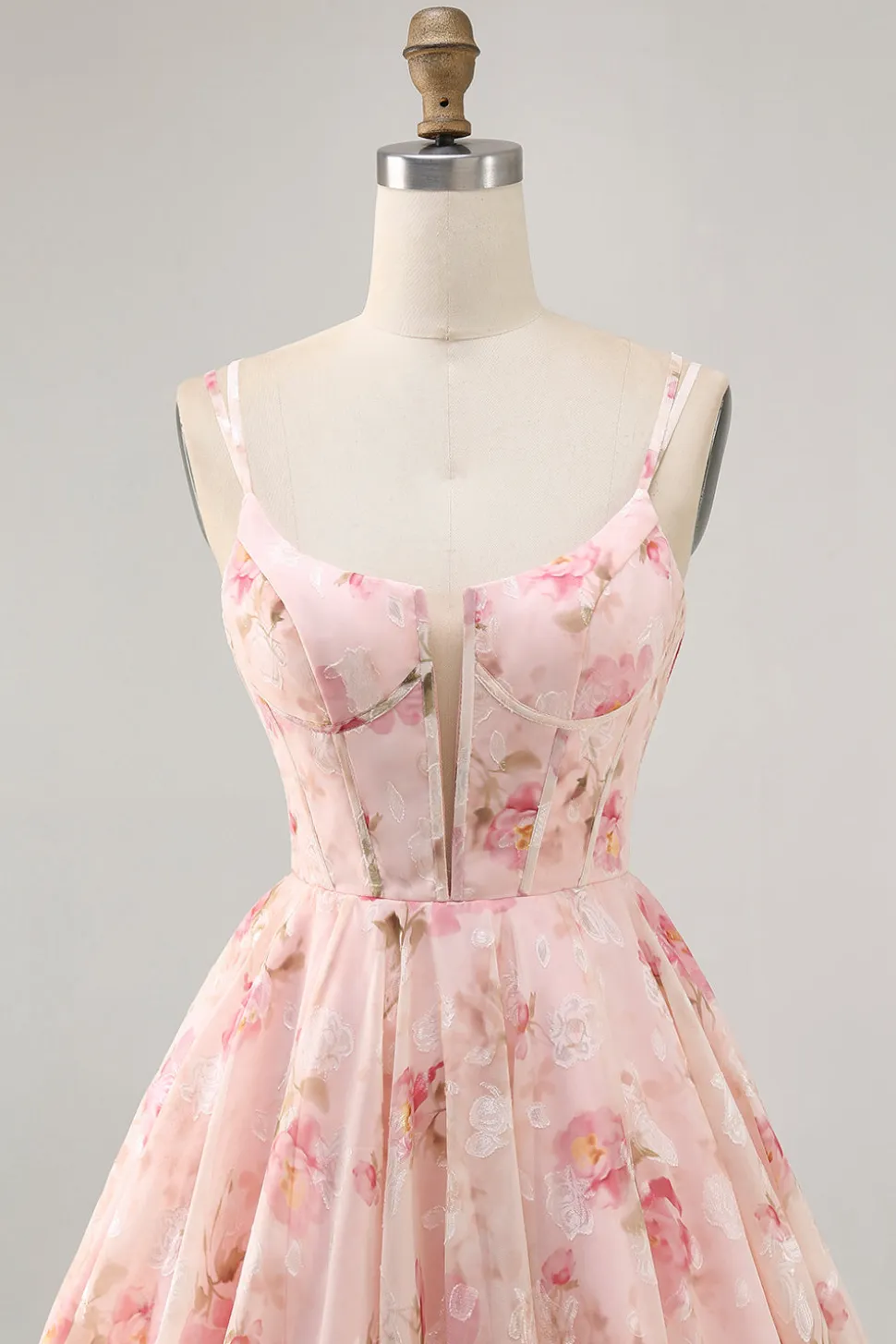 Blush Flores Linha-A Decote Redondo Espartilho Mini Vestido Cocktail