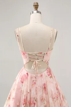 Blush Flores Linha-A Decote Redondo Espartilho Mini Vestido Cocktail
