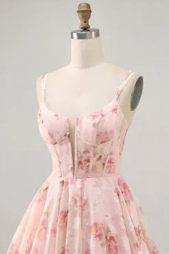 Blush Flores Linha-A Decote Redondo Espartilho Mini Vestido Cocktail