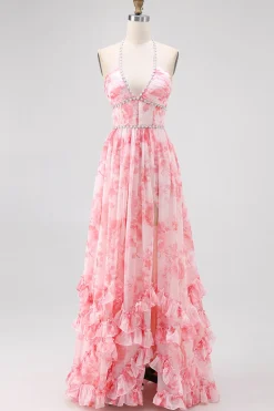 Blush frisado Halter estampado vestido de casamento floral convidado com fenda