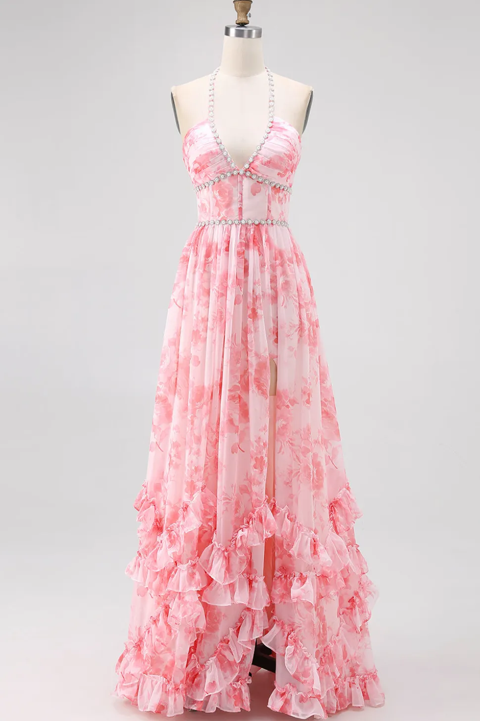 Blush frisado Halter estampado vestido de casamento floral convidado com fenda