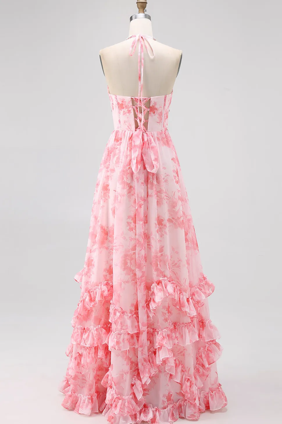 Blush frisado Halter estampado vestido de casamento floral convidado com fenda