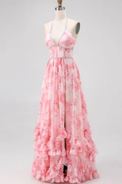 Blush frisado Halter estampado vestido de casamento floral convidado com fenda