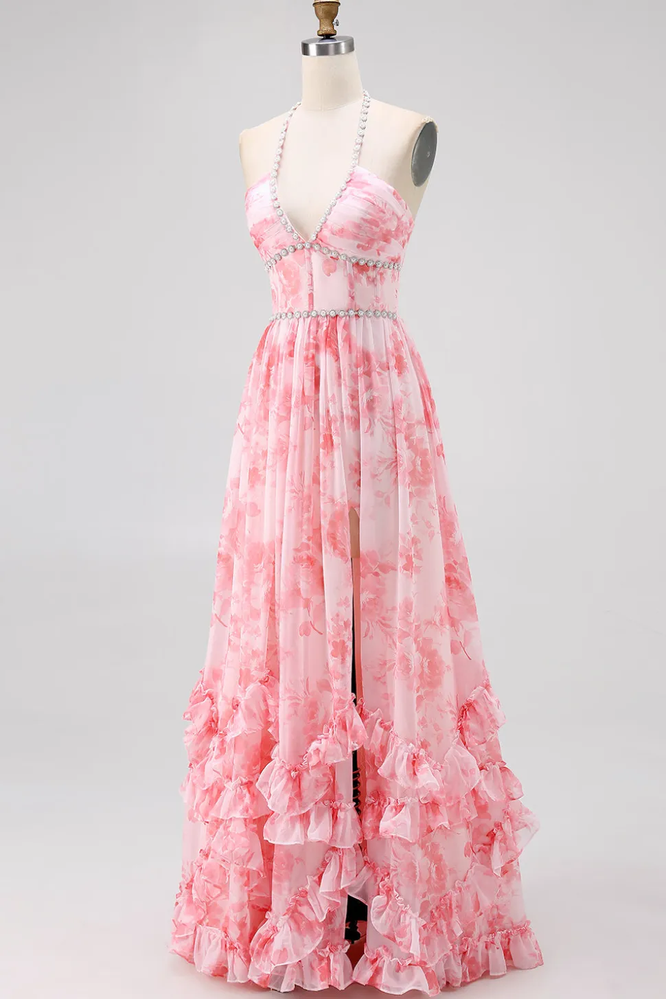 Blush frisado Halter estampado vestido de casamento floral convidado com fenda