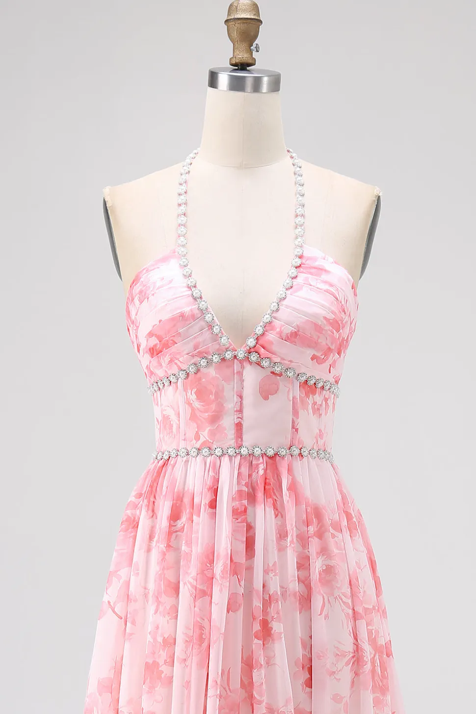 Blush frisado Halter estampado vestido de casamento floral convidado com fenda