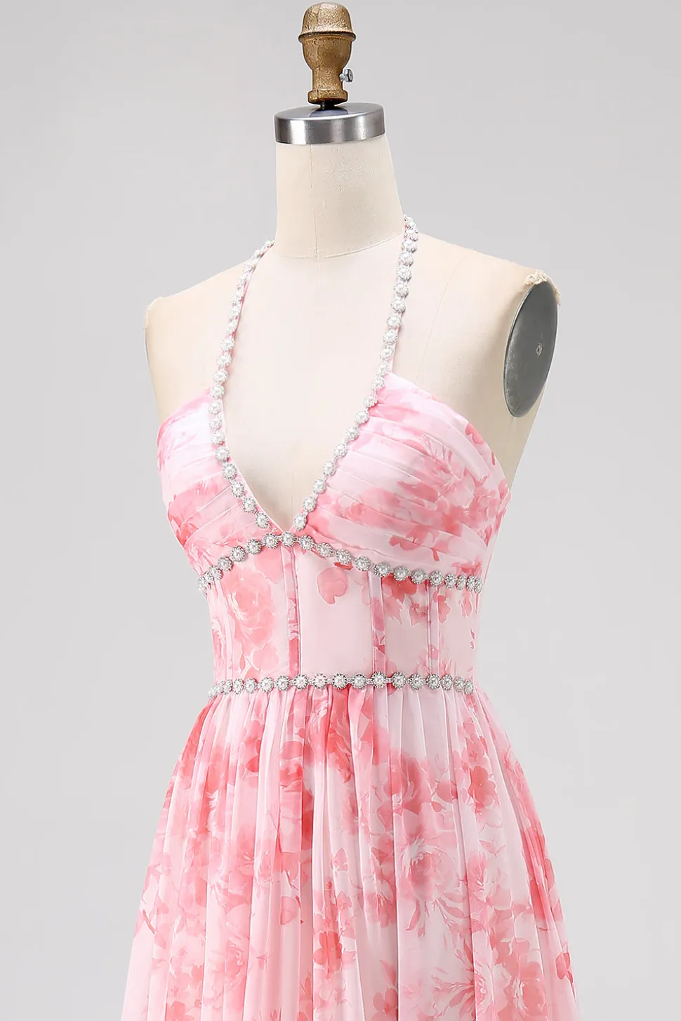 Blush frisado Halter estampado vestido de casamento floral convidado com fenda