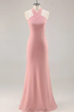 Blush Halter Sereia Chiffon Vestido Longo Madrinha com Arco