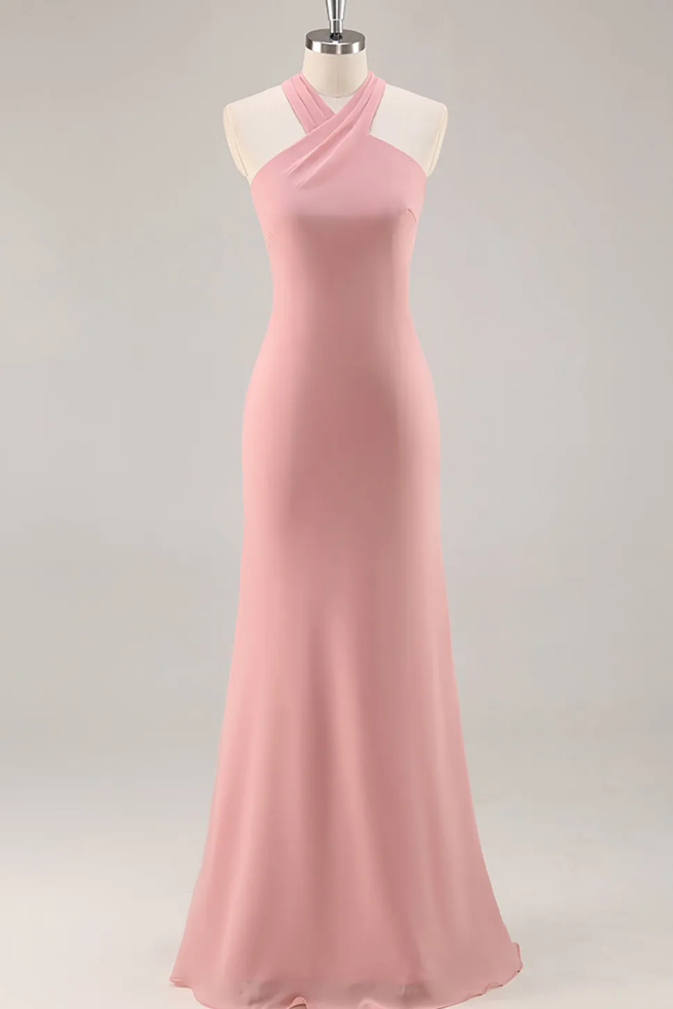 Blush Halter Sereia Chiffon Vestido Longo Madrinha com Arco