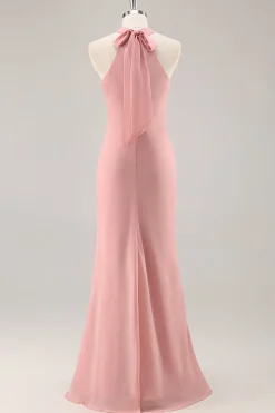 Blush Halter Sereia Chiffon Vestido Longo Madrinha com Arco
