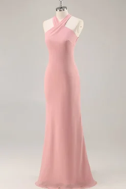 Blush Halter Sereia Chiffon Vestido Longo Madrinha com Arco