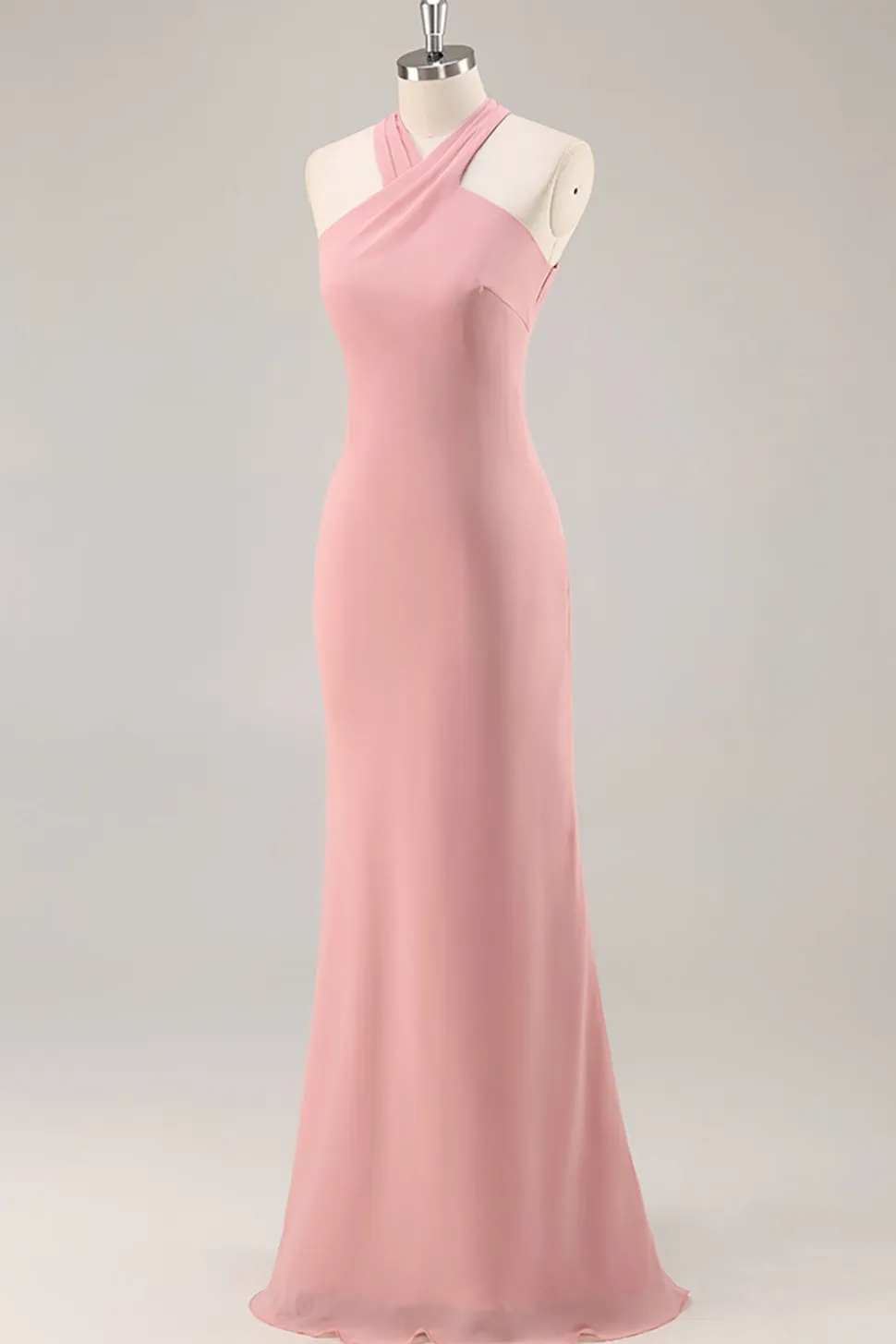 Blush Halter Sereia Chiffon Vestido Longo Madrinha com Arco