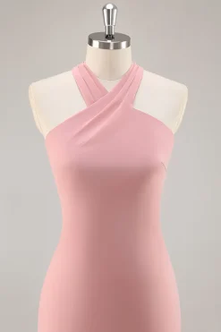 Blush Halter Sereia Chiffon Vestido Longo Madrinha com Arco