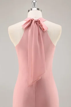 Blush Halter Sereia Chiffon Vestido Longo Madrinha com Arco