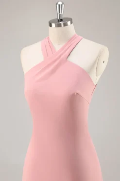 Blush Halter Sereia Chiffon Vestido Longo Madrinha com Arco