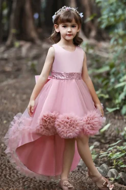 Blush high low flower girl dress com flores