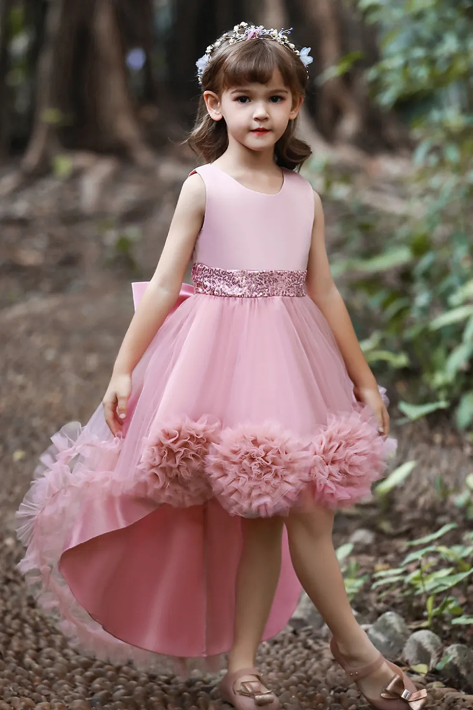 Blush high low flower girl dress com flores