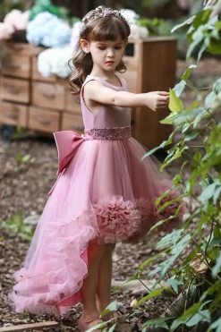 Blush high low flower girl dress com flores