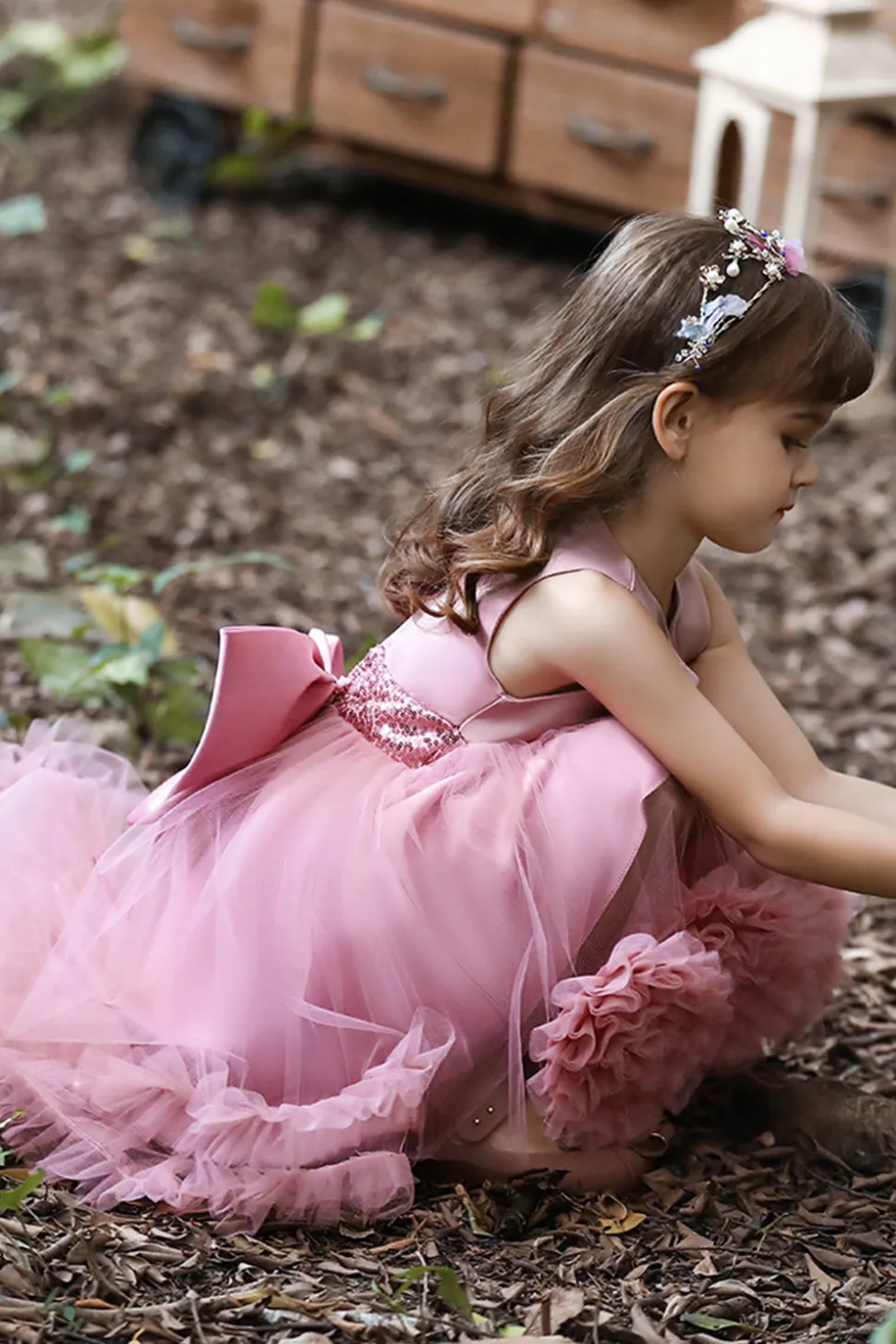 Blush high low flower girl dress com flores