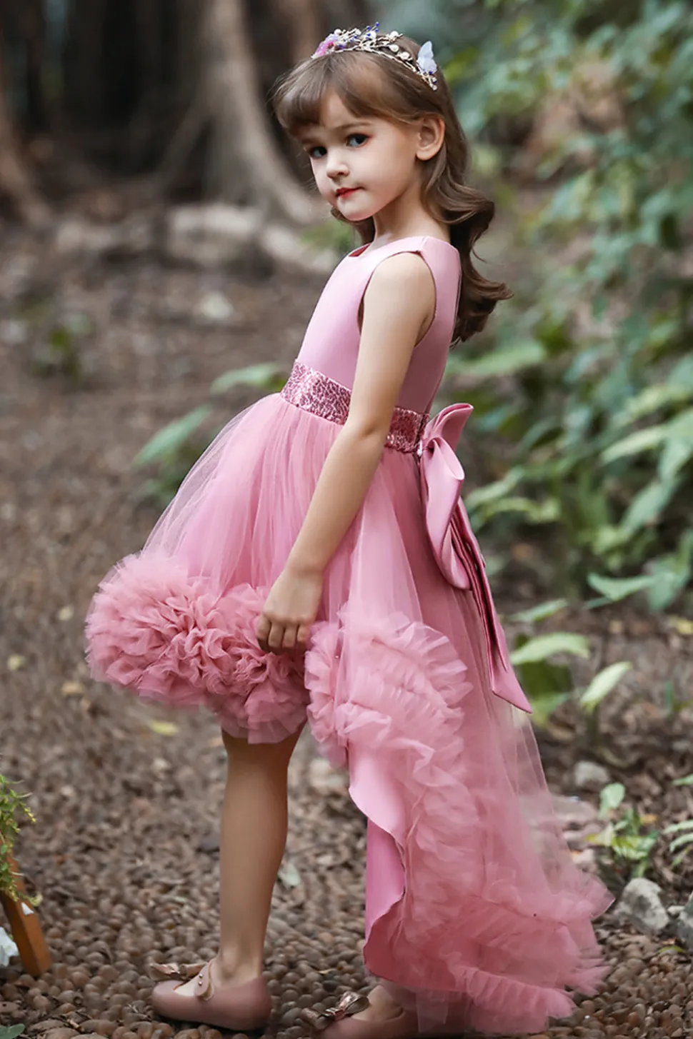 Blush high low flower girl dress com flores
