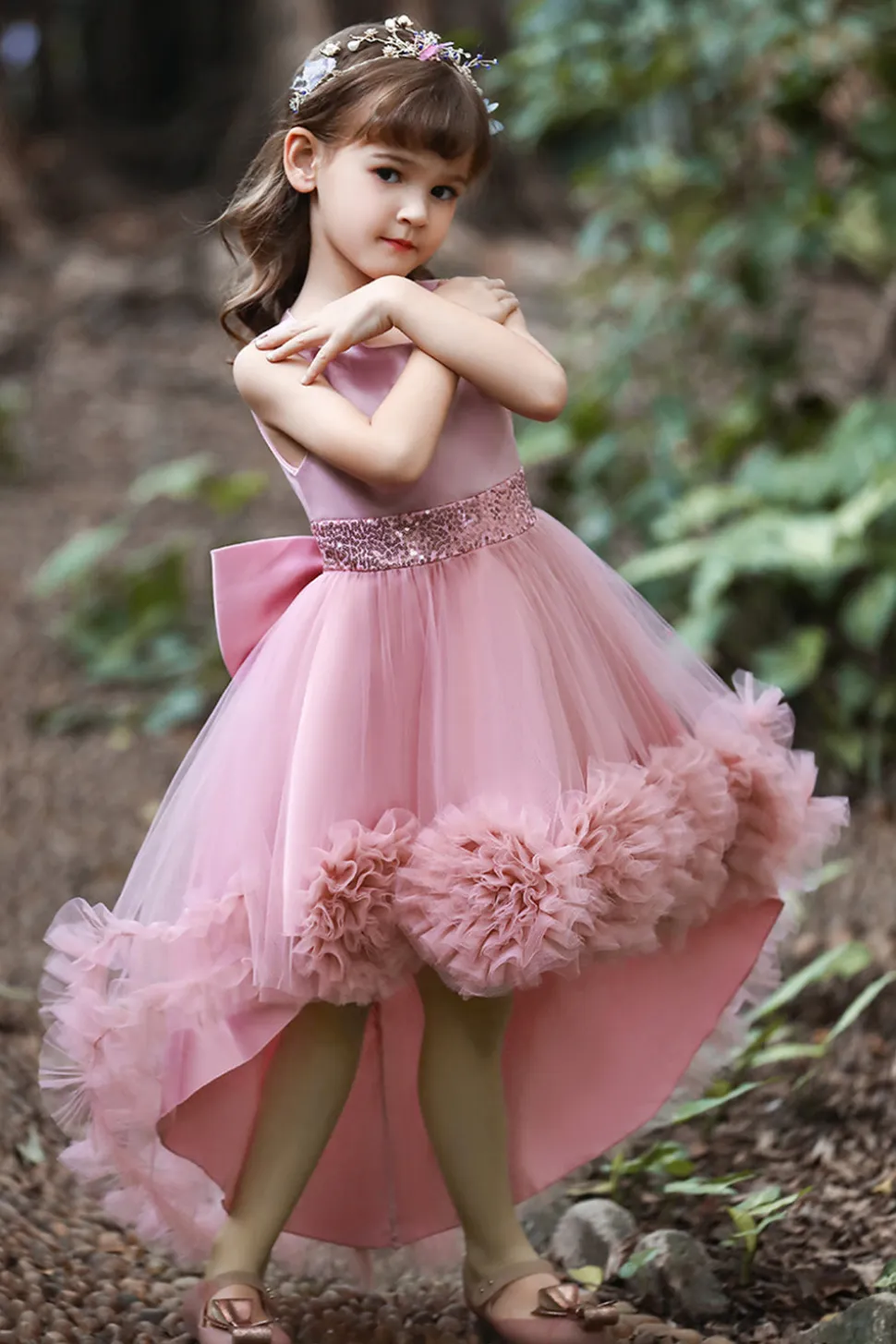 Blush high low flower girl dress com flores