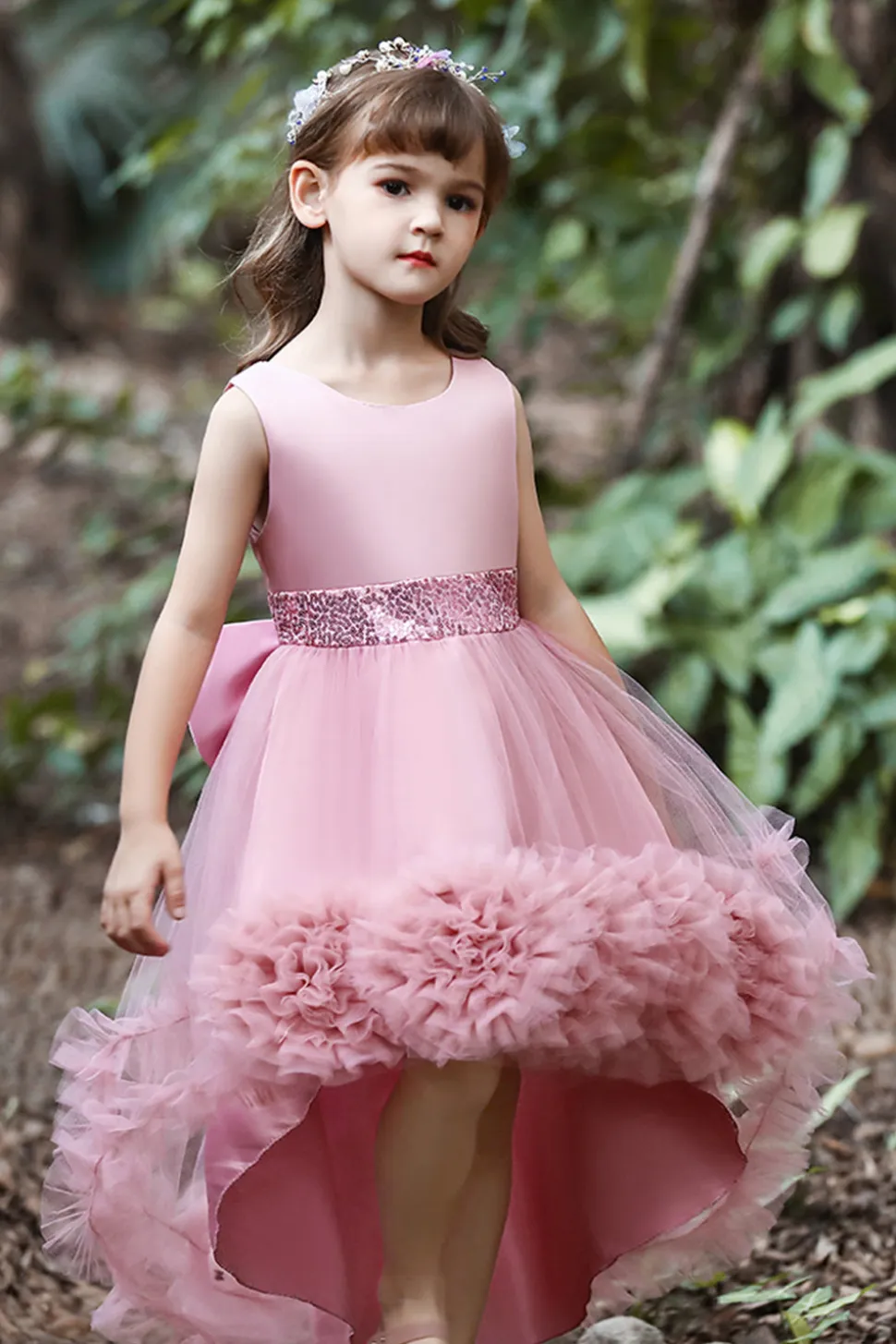 Blush high low flower girl dress com flores