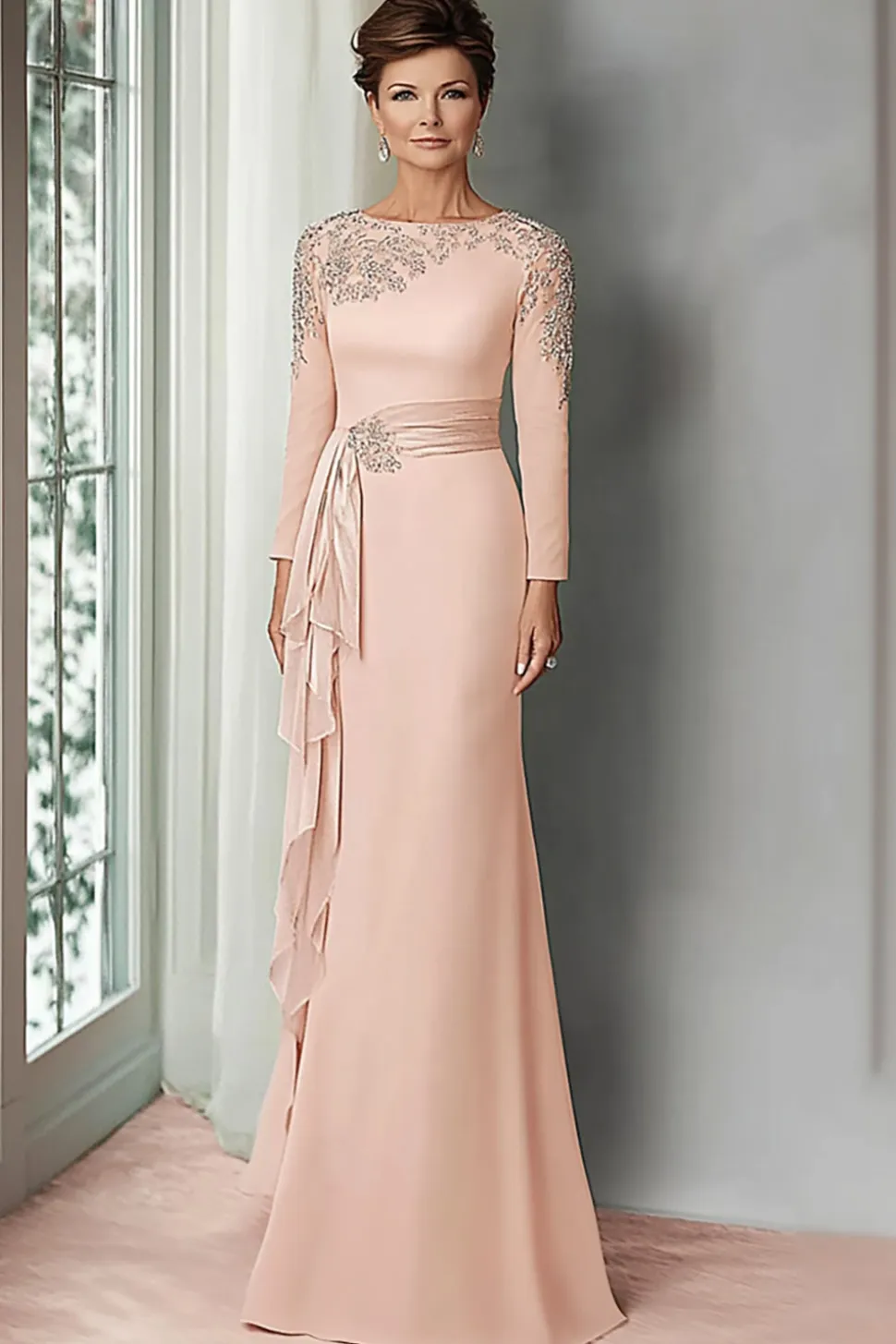Blush Lace Bainha Mãe Do Vestido De Noiva Com Mangas Longas