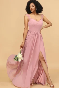 Blush Longo Chiffon Vestido de dama de honra com renda