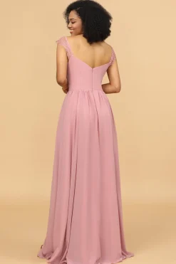 Blush Longo Chiffon Vestido de dama de honra com renda