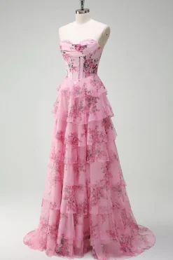 Blush Longo Linha-A Sem Alças Vestido De Baile com Fenda