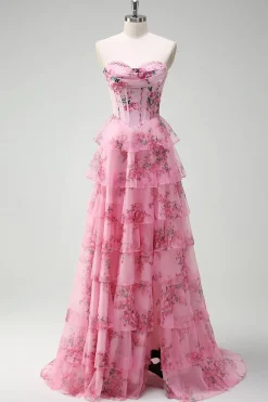 Blush Longo Sem Alças Linha-A Vestido De Baile com Fenda