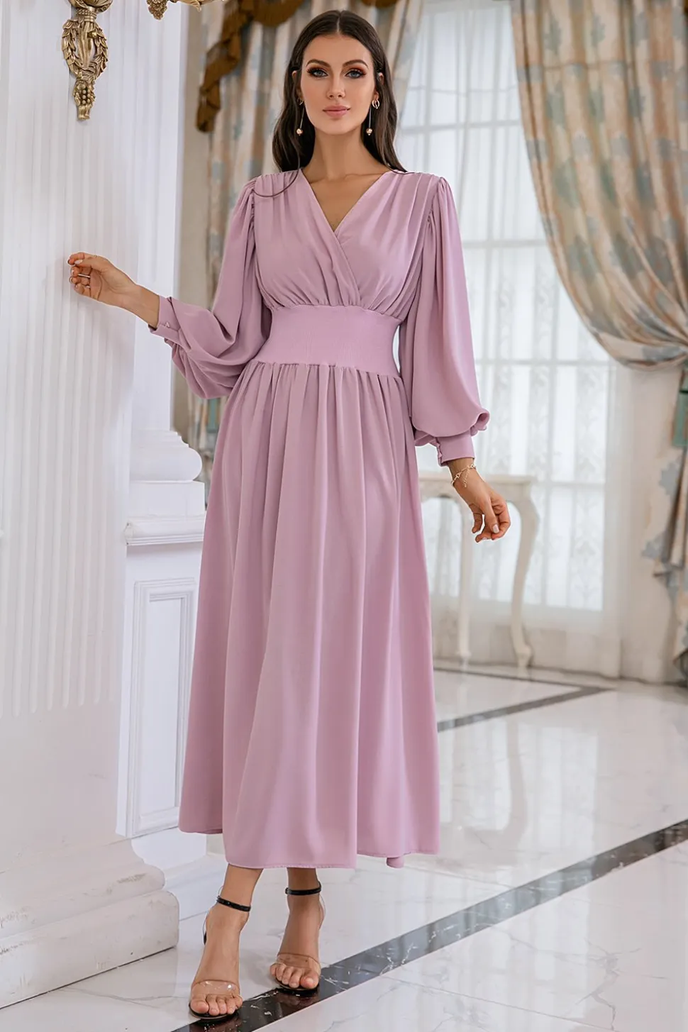 Blush Mangas Compridas V Pescoço Vestido de Baile