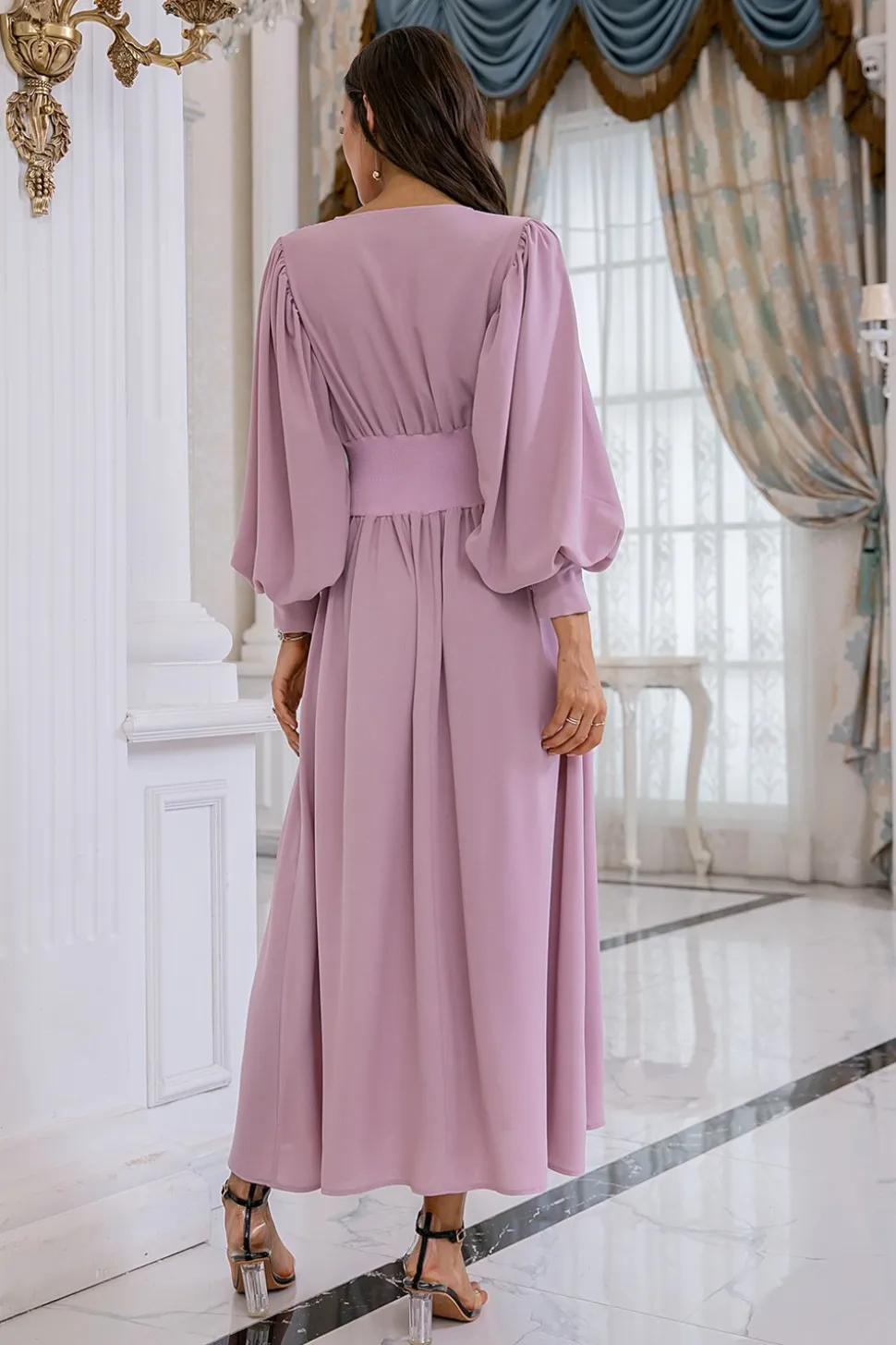 Blush Mangas Compridas V Pescoço Vestido de Baile