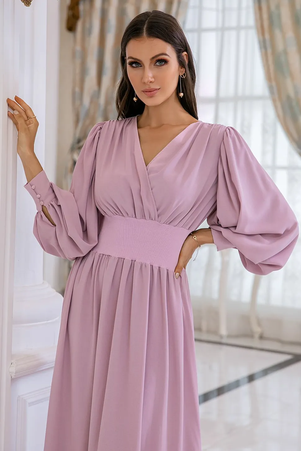 Blush Mangas Compridas V Pescoço Vestido de Baile