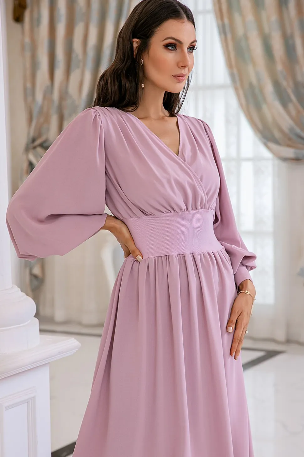 Blush Mangas Compridas V Pescoço Vestido de Baile