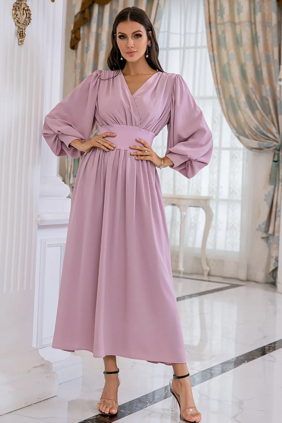 Blush Mangas Compridas V Pescoço Vestido de Baile